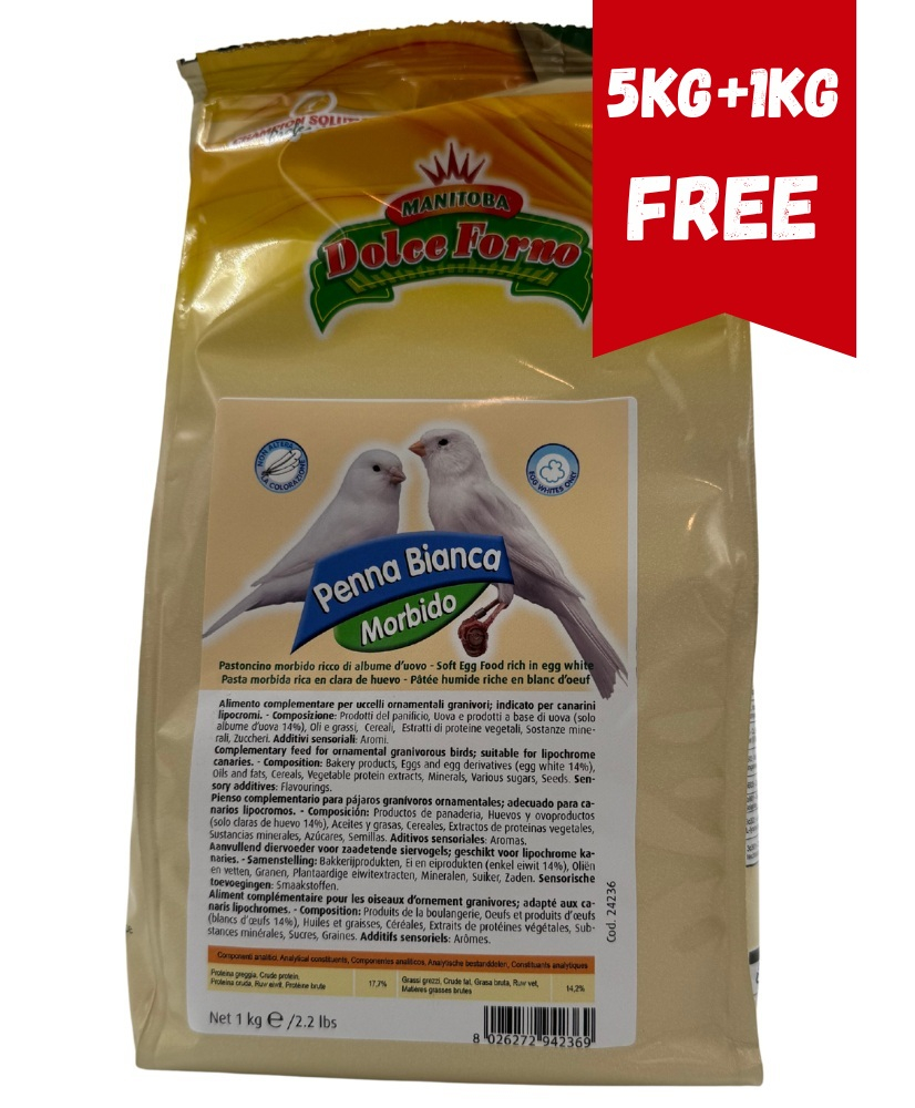 Manitoba Penna Bianca Soft 5kg+1kg GRATUIT (pâtée d’élevage pour canaris blancs)